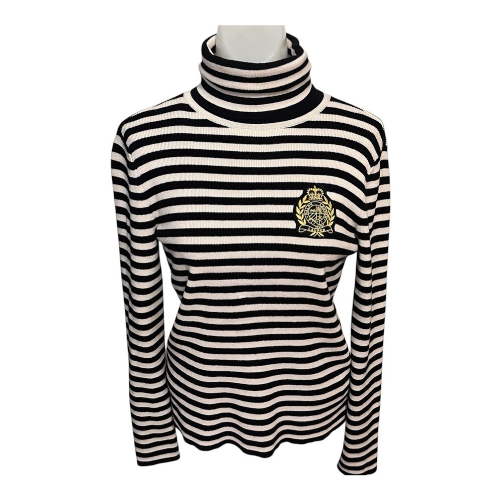 Vintage 90’s Ralph Lauren Black and White Striped Sweater with Gold Crest size S